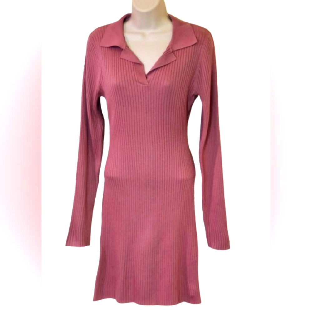 LOVE TREE Pink Mauve Ribbed, Collared Long Sleeve Dress, Size Large
